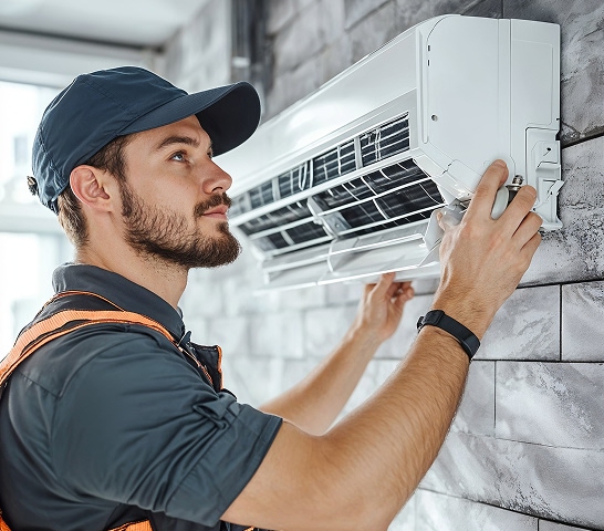 Technician working on air conditioning system