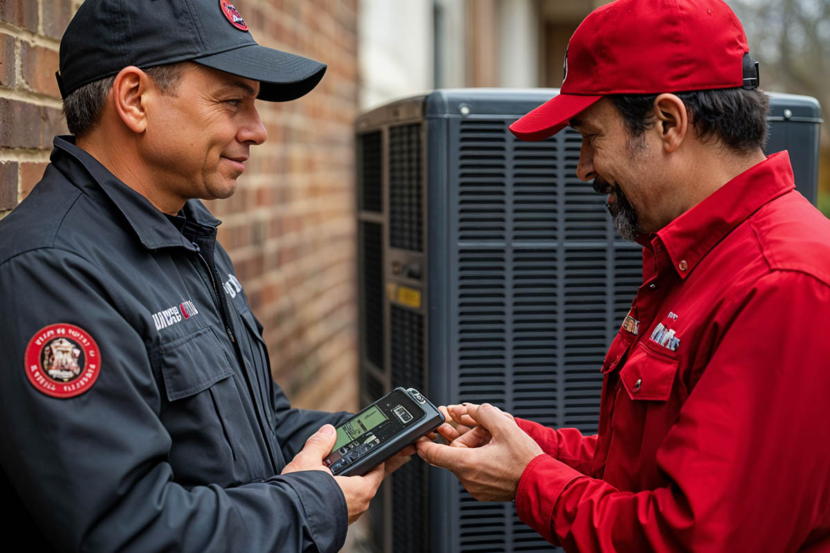 HVAC team reviewing readings on commercial system