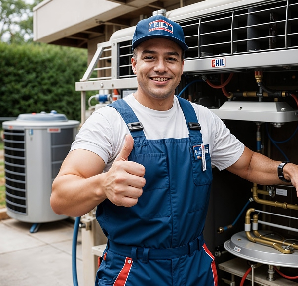 HVAC technician giving thumbs up near equipment