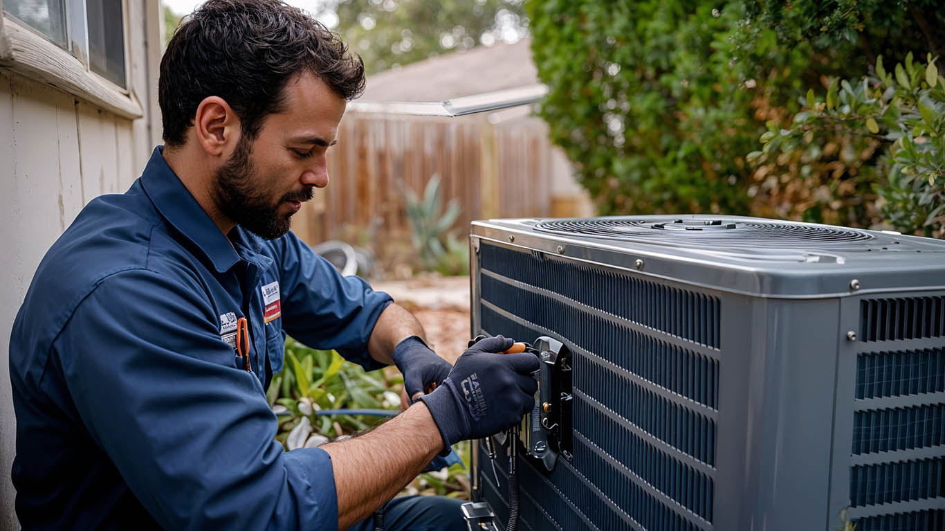 Technician performing HVAC service call