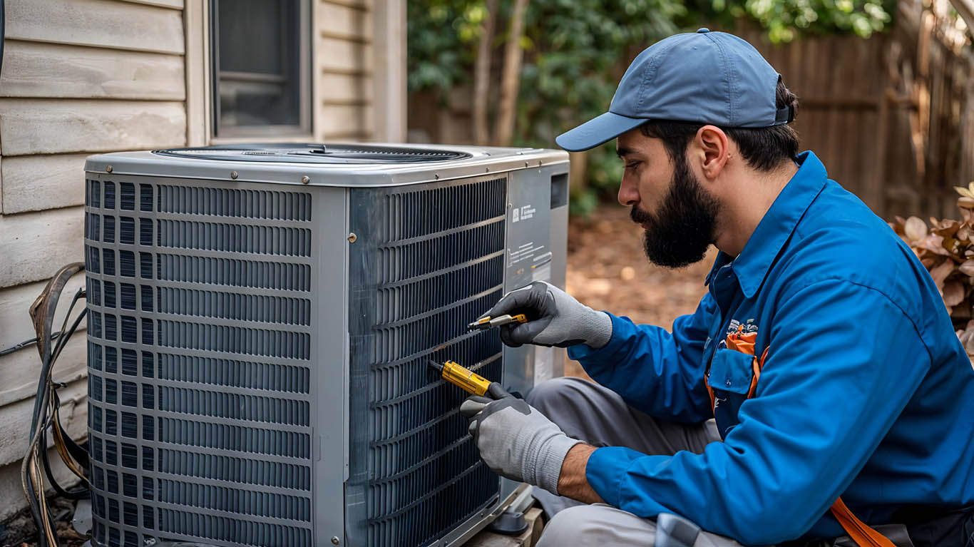 Commercial HVAC technician working carefully on condenser unit