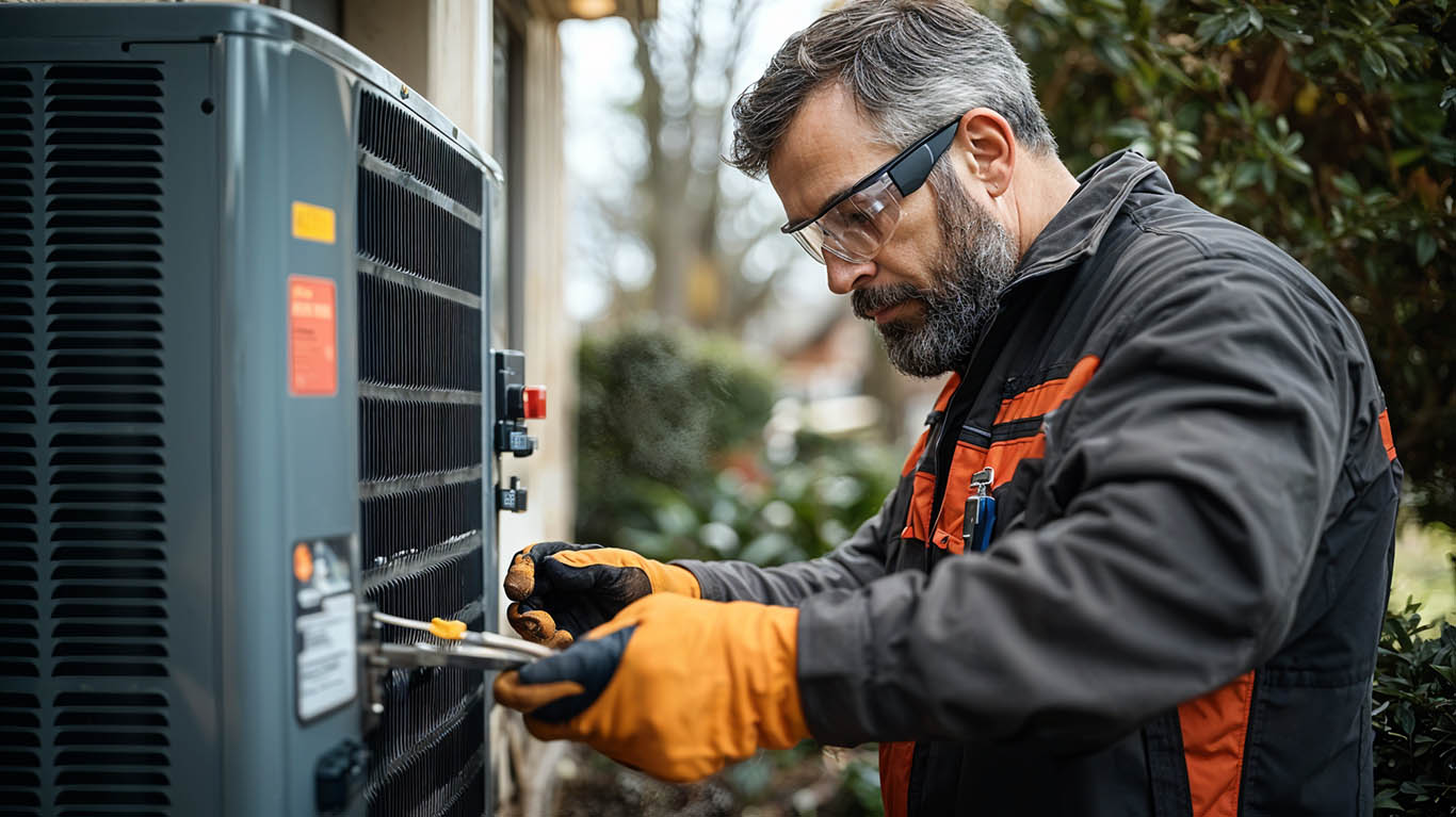 Technician servicing commercial condenser unit
